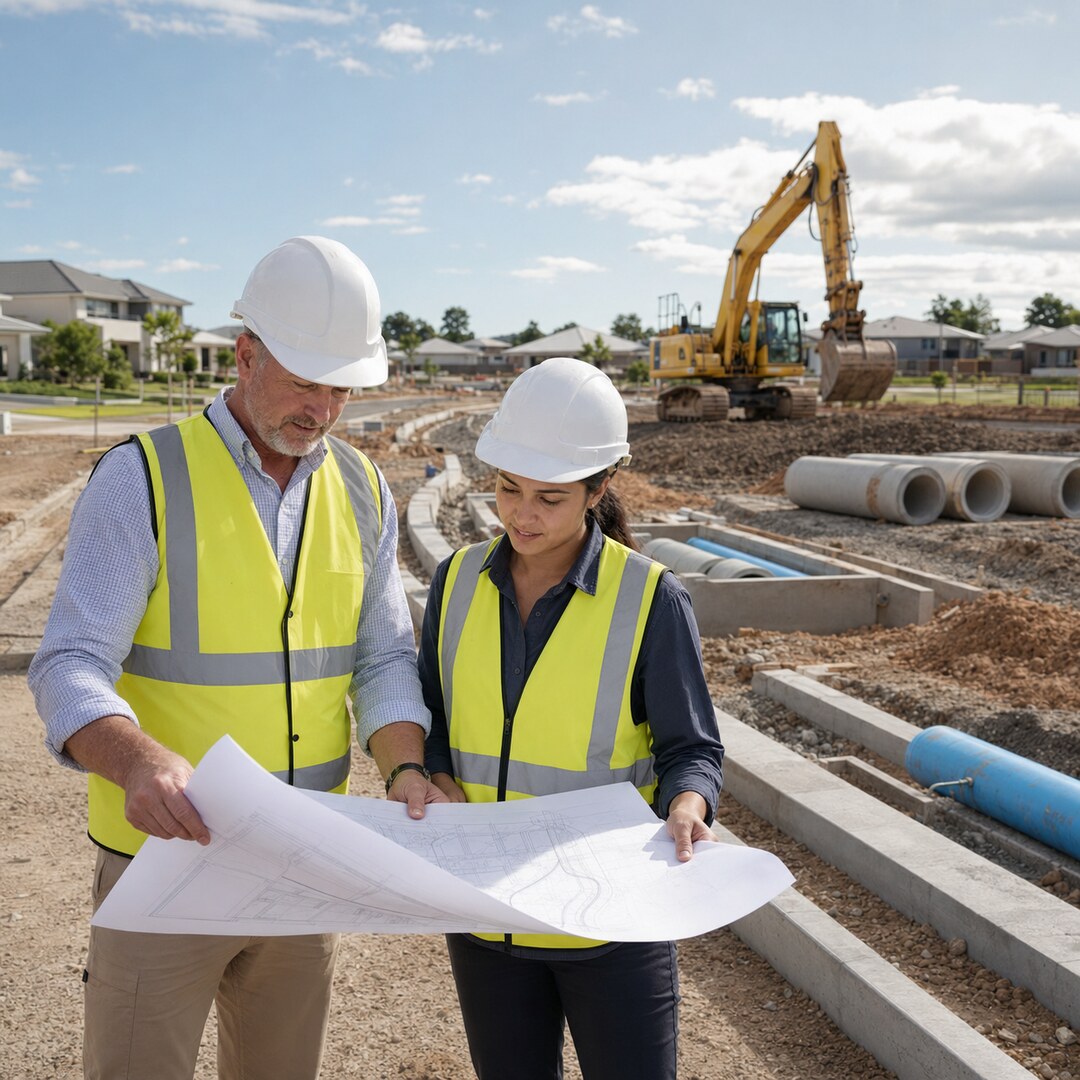 Experienced Aussieshopping civil manager and engineering team reviewing roads, kerbs, water and sewer works on a Queensland subdivision