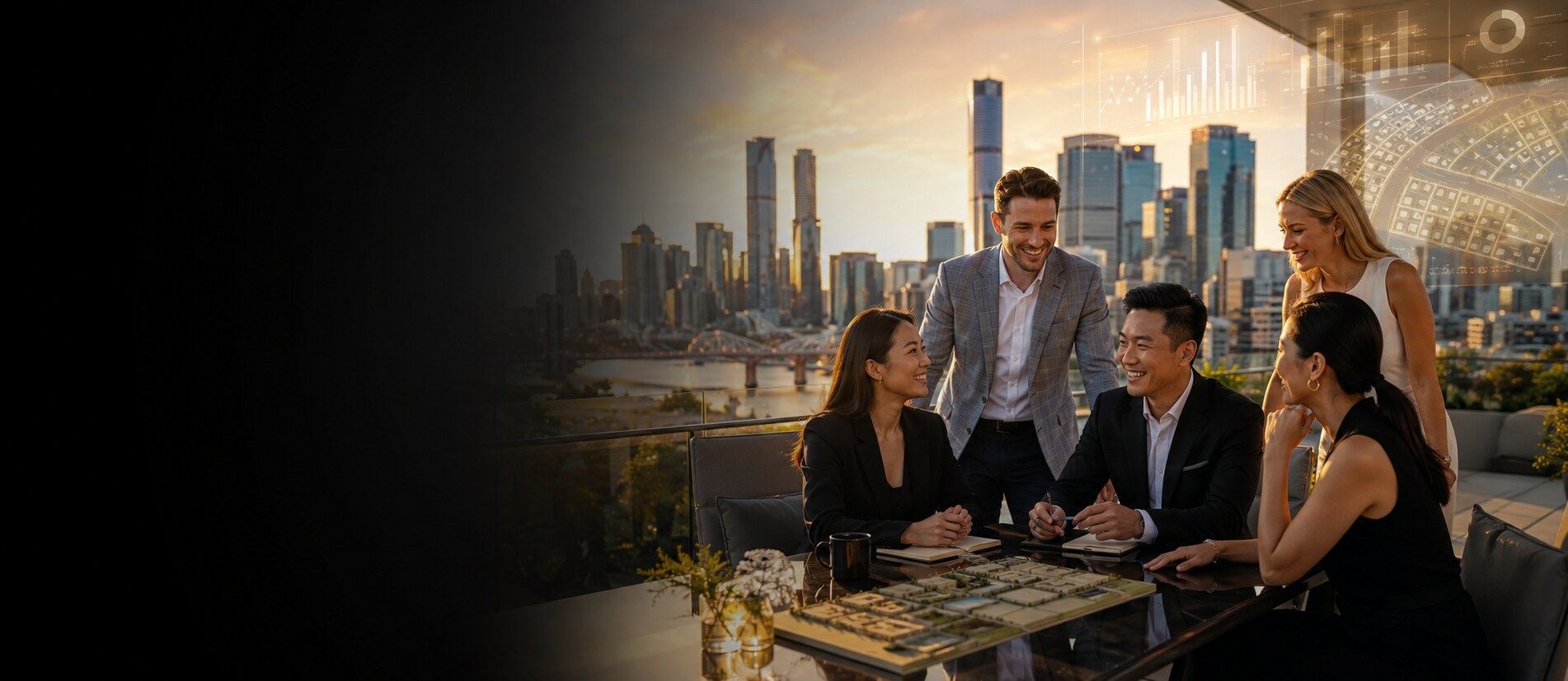 Australian and Asian property investment professionals meeting in Brisbane with the city skyline behind them